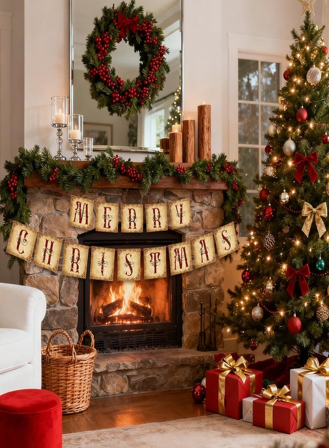 ORNALES Vintage "Merry Christmas" Banner Decoration, Classic Victorian Style Nostalgic Traditional Christmas Decoration, Suitable for Christmas Parties, Home Offices, Mantelpiece Decorations - Image 3